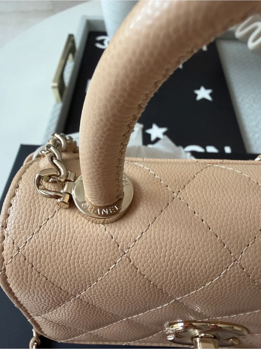 Chanel 24K AP4244 Micro Coco Handle Extra Mini Flap Beige Caviar Clutch GHW Bag